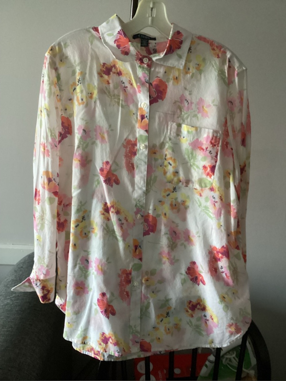 XL Chaps 100% Cotton White Floral Button Down Shirt.